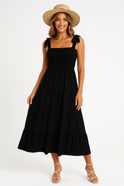 Women’s Maxi Dress – Fitted Bodice – Tie Straps – Tiered Skirt – Lightweight Cotton