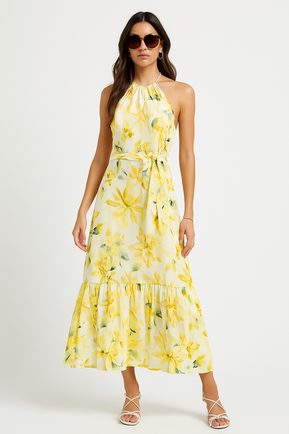 Women’s Maxi Dress – Flowy Fit – Halter Neck – Tiered Skirt – Floral Print