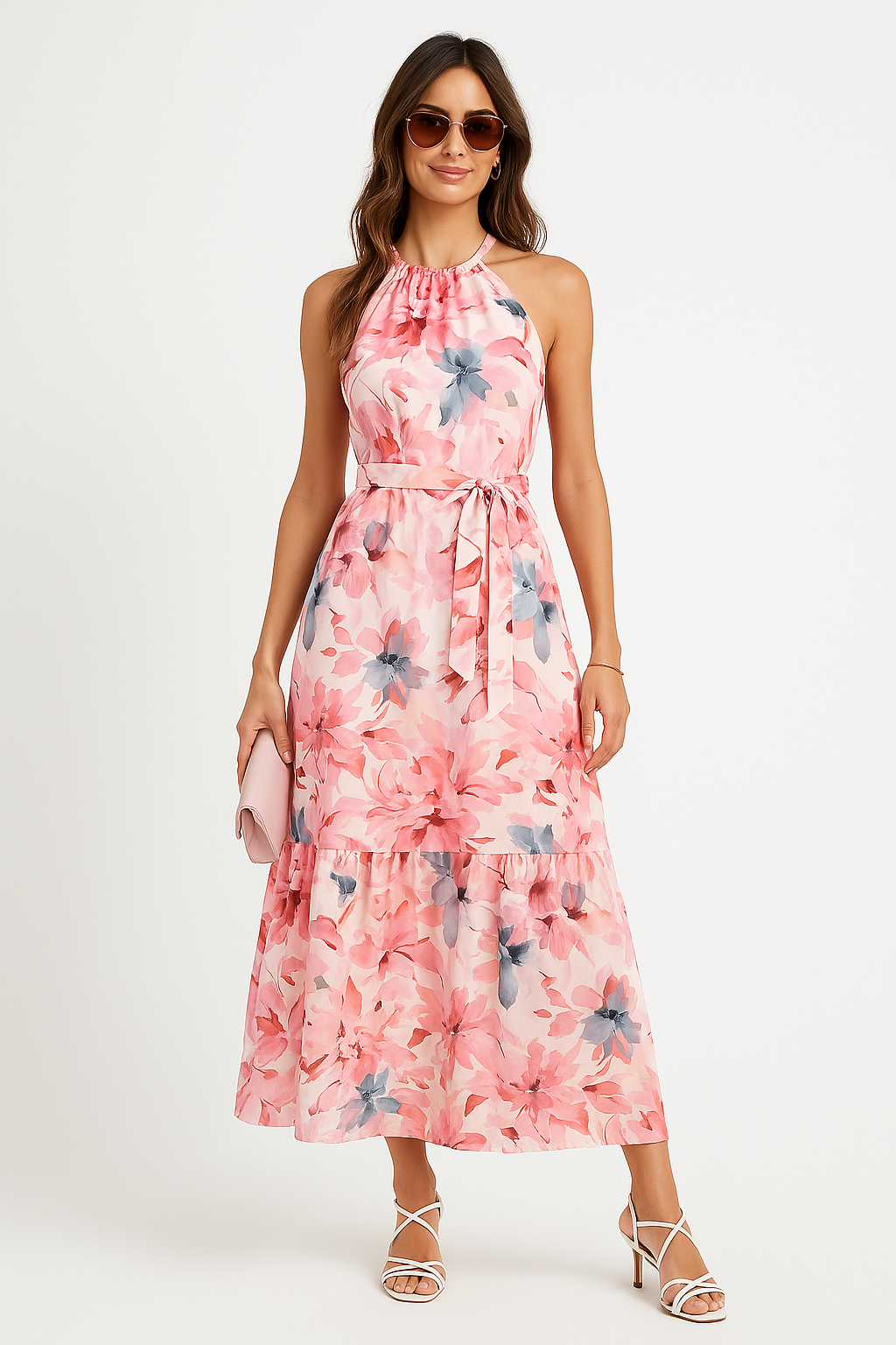 Women’s Maxi Dress – Flowy Fit – Halter Neck – Tiered Skirt – Floral Print