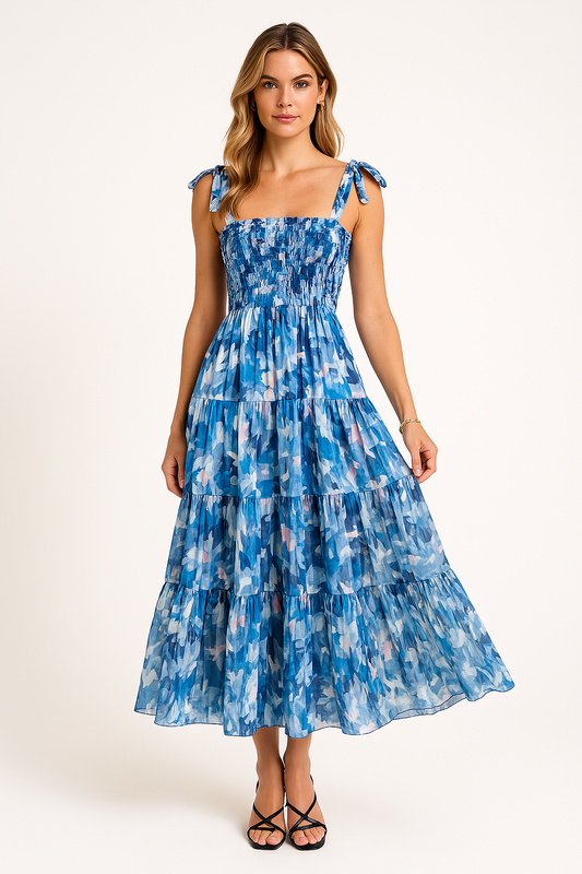 Floral Print Shirred Bodice Maxi Dress