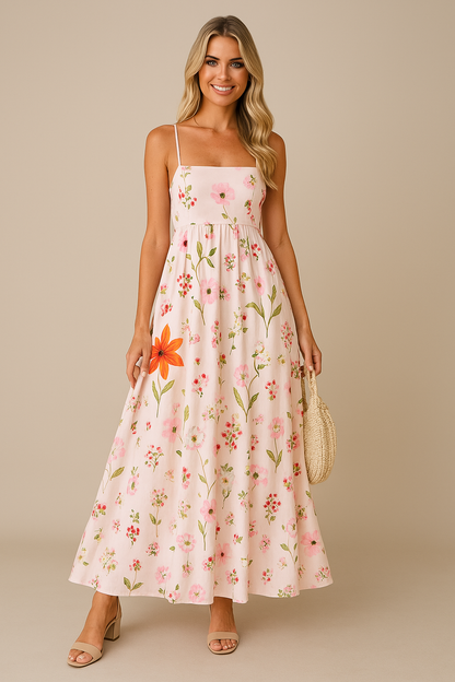 Women’s Maxi Dress – A-Line Fit – Backless – Spaghetti Strap – Floral Print – Lightweight