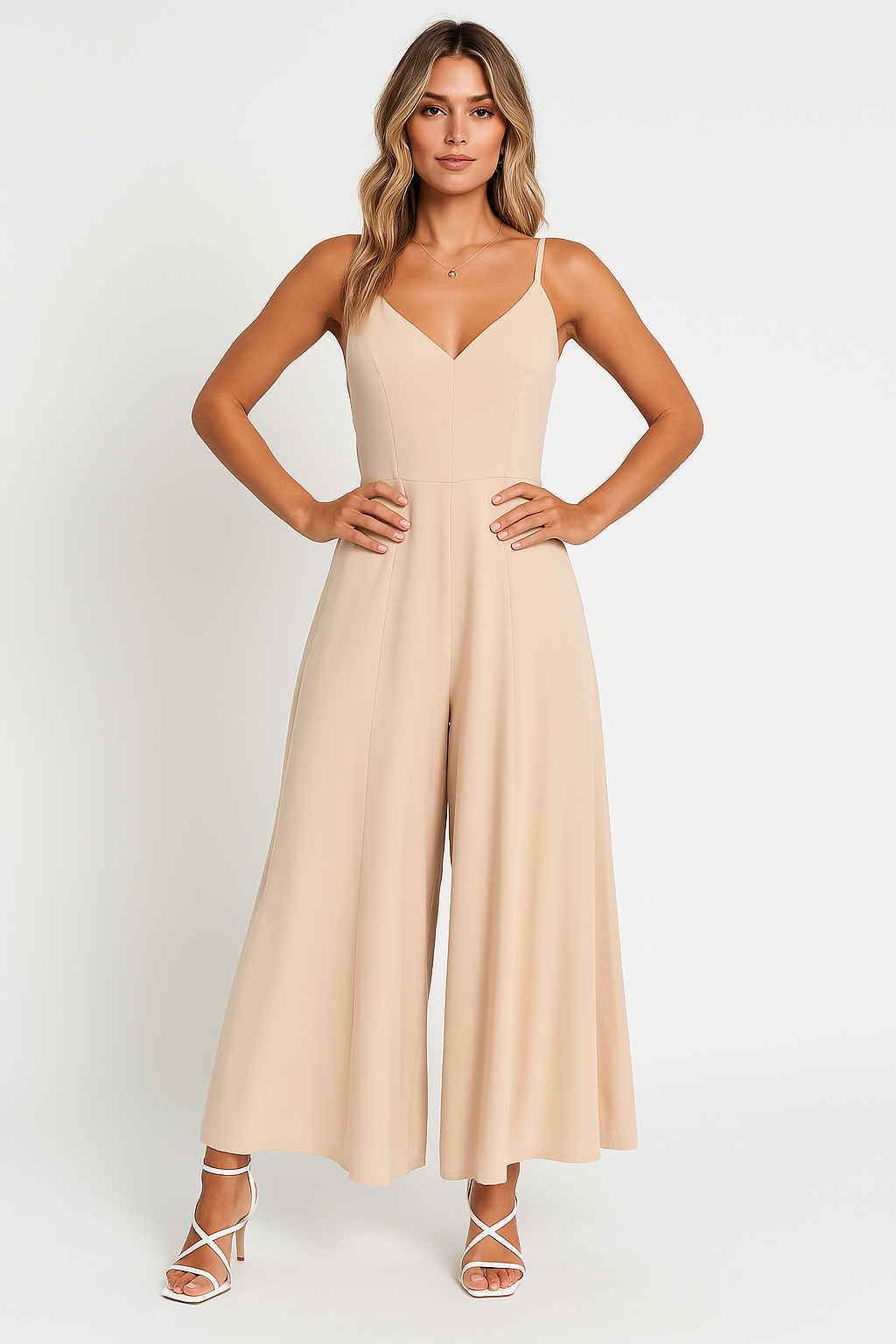 Cinched Waist Wide Leg V-Neck Jumpsuit