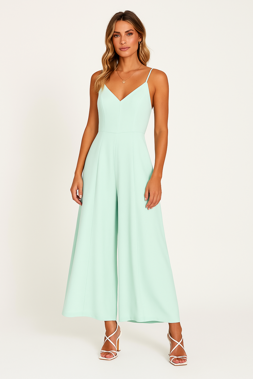 Women’s Jumpsuit – V-Neck – Spaghetti Straps – Cinched Waist – Wide Leg – Full Length