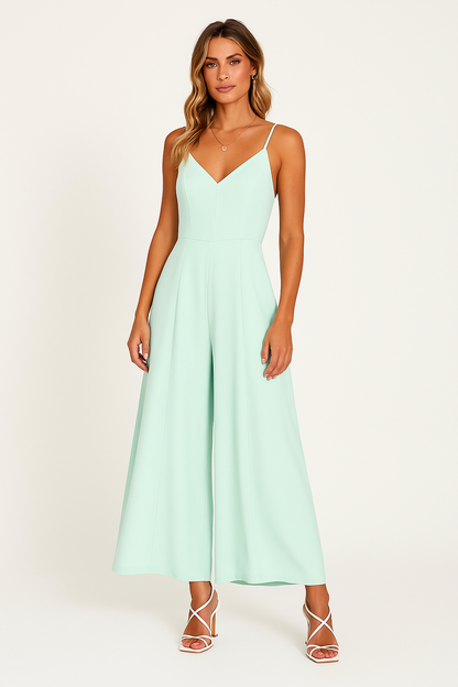 Women’s Jumpsuit – V-Neck – Spaghetti Straps – Cinched Waist – Wide Leg – Full Length