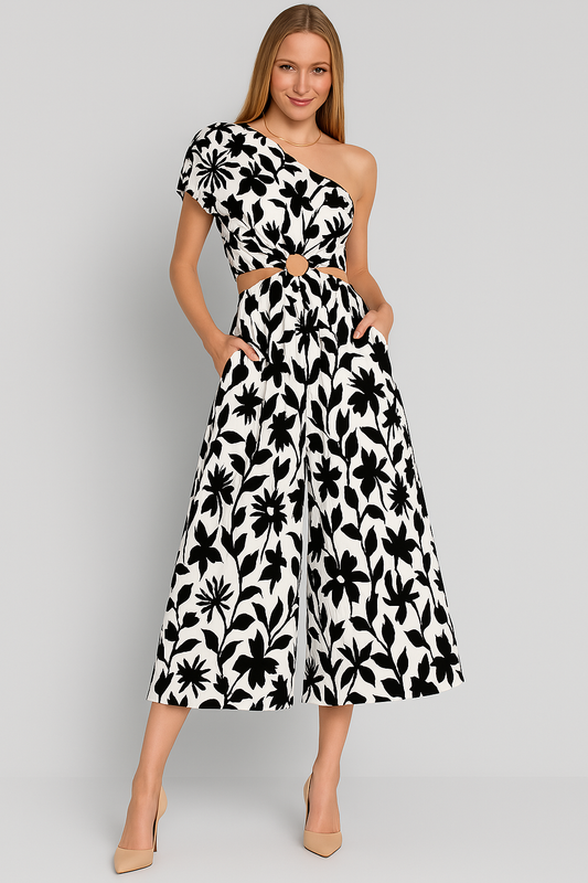 Lightweight Cotton Blend One Shoulder Jumpsuit