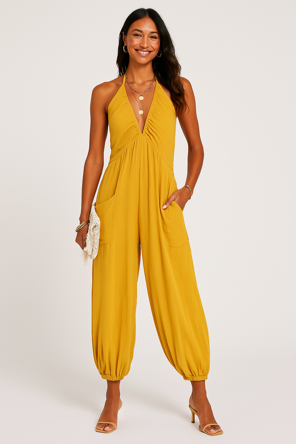 Relaxed Fit Jersey Halter Jumpsuit with Pockets