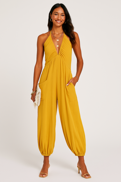 Women’s Halter Jumpsuit – Deep V-Neck – Relaxed Fit – Tapered Leg – Soft Jersey – Pockets