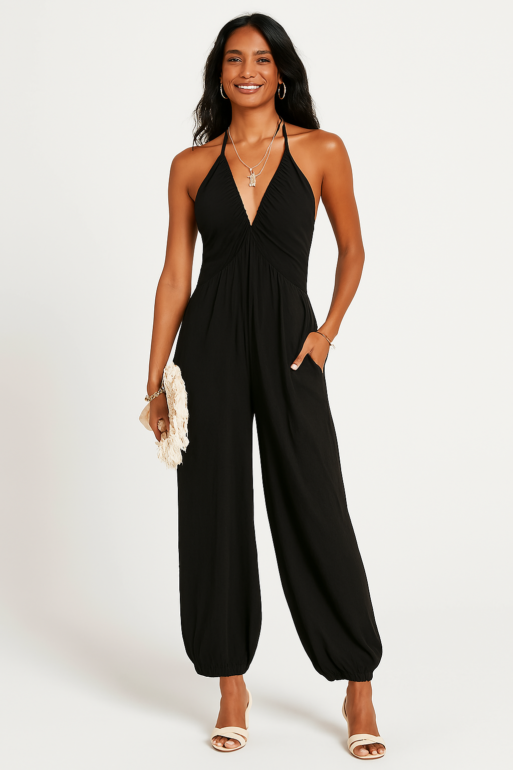 Women’s Halter Jumpsuit – Deep V-Neck – Relaxed Fit – Tapered Leg – Soft Jersey – Pockets