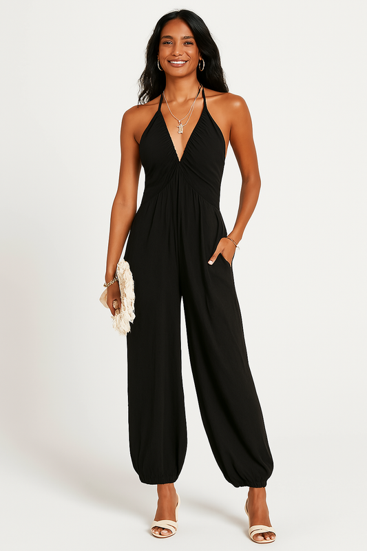 Relaxed Fit Jersey Halter Jumpsuit with Pockets
