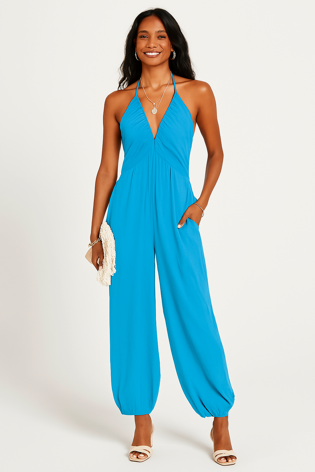 Relaxed Fit Jersey Halter Jumpsuit with Pockets