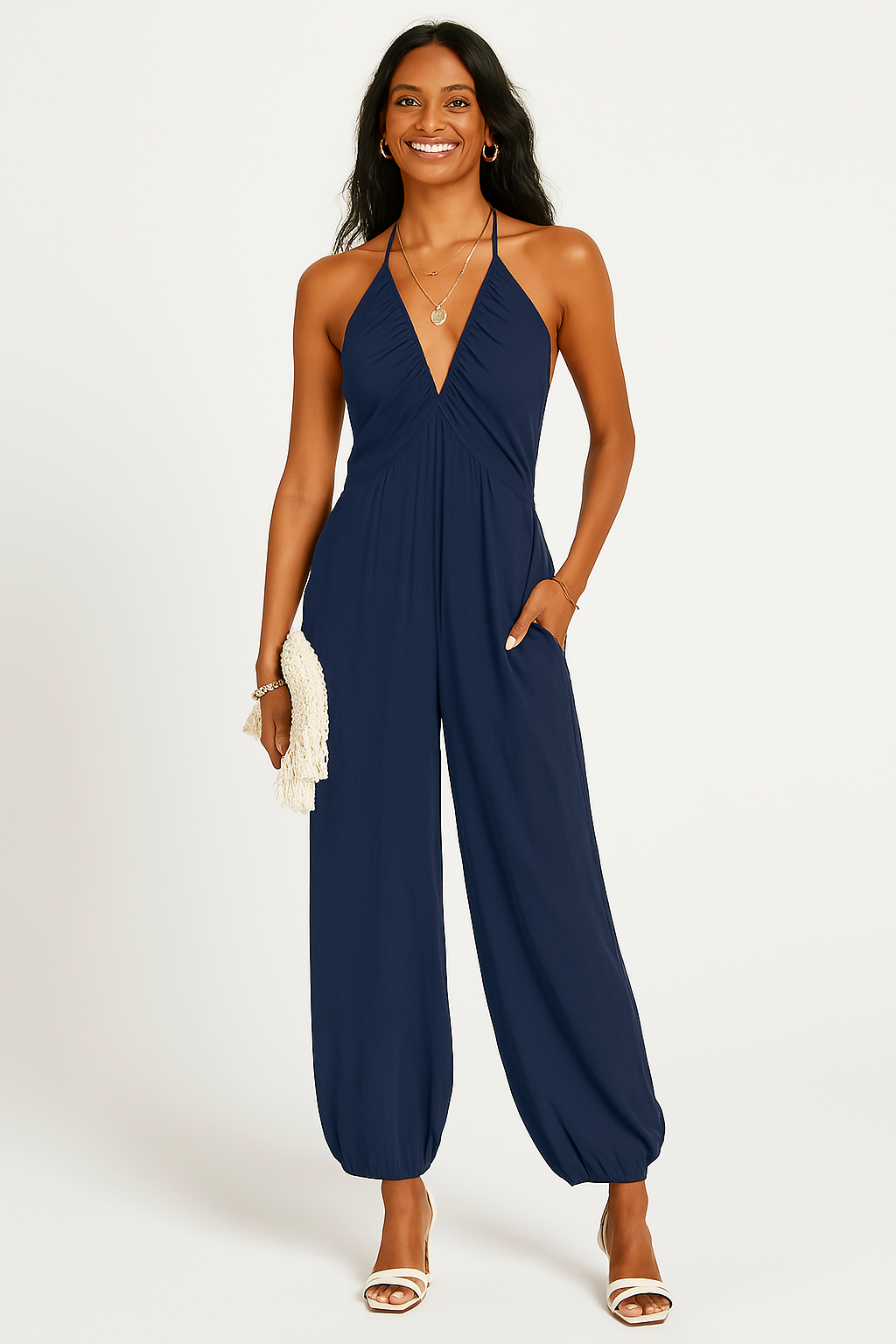 Relaxed Fit Jersey Halter Jumpsuit with Pockets