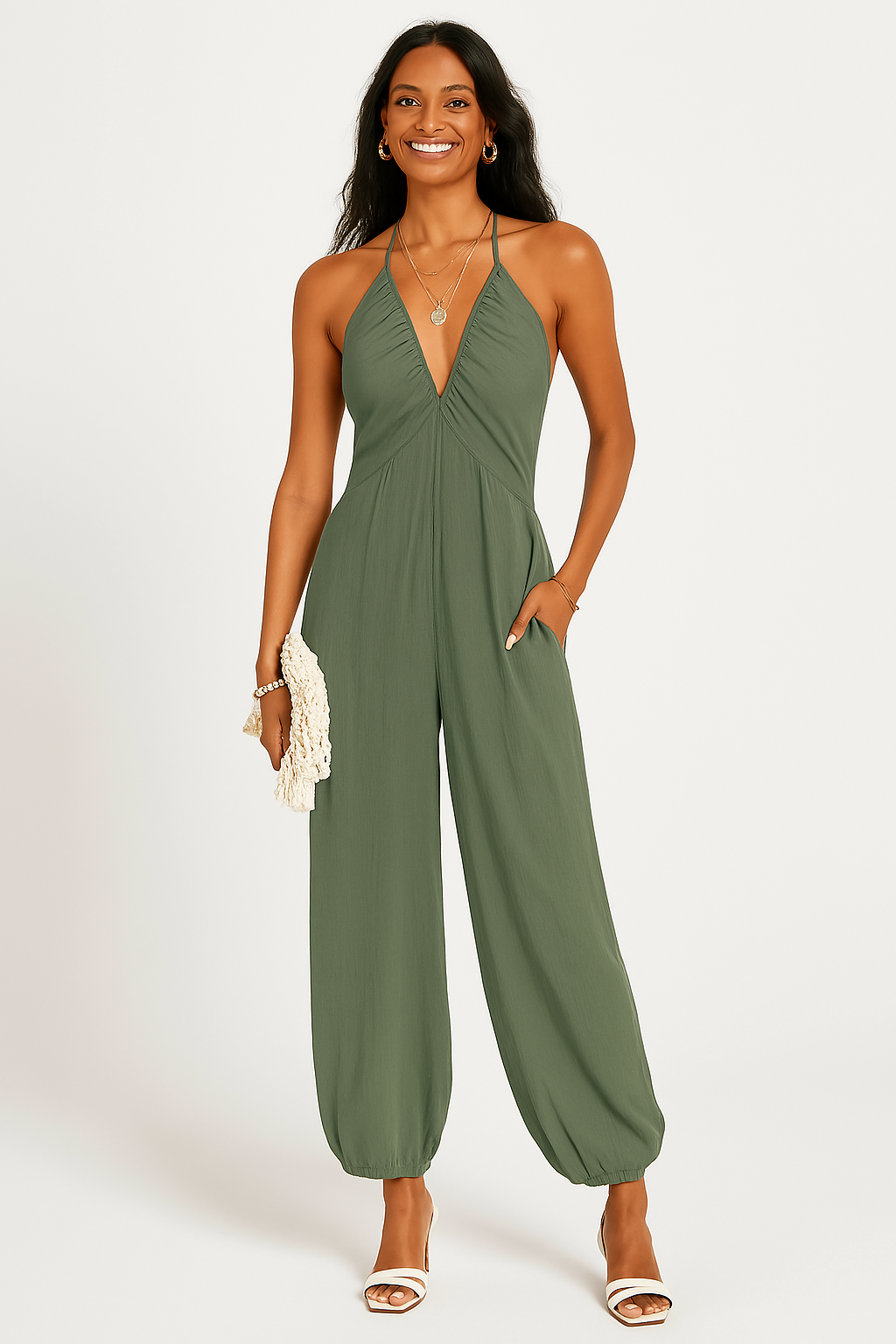 Women’s Halter Jumpsuit – Deep V-Neck – Relaxed Fit – Tapered Leg – Soft Jersey – Pockets