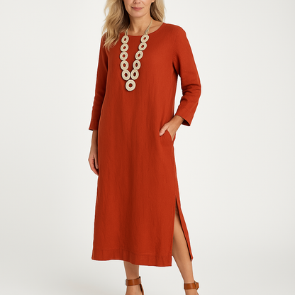 Women’s Shirt Dress – Relaxed Fit – Long Sleeve – Lightweight Woven – Midi Length