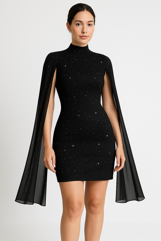 Glitter Chiffon Slim Fit Cape Dress