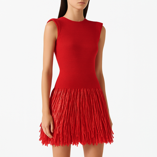 Fringe Trim Slim Fit Ribbed Mini Dress