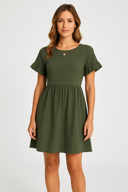 Women’s Knee-Length Dress – Cotton Linen Blend – Loose Fit – Ruffle Sleeve Casual Wear
