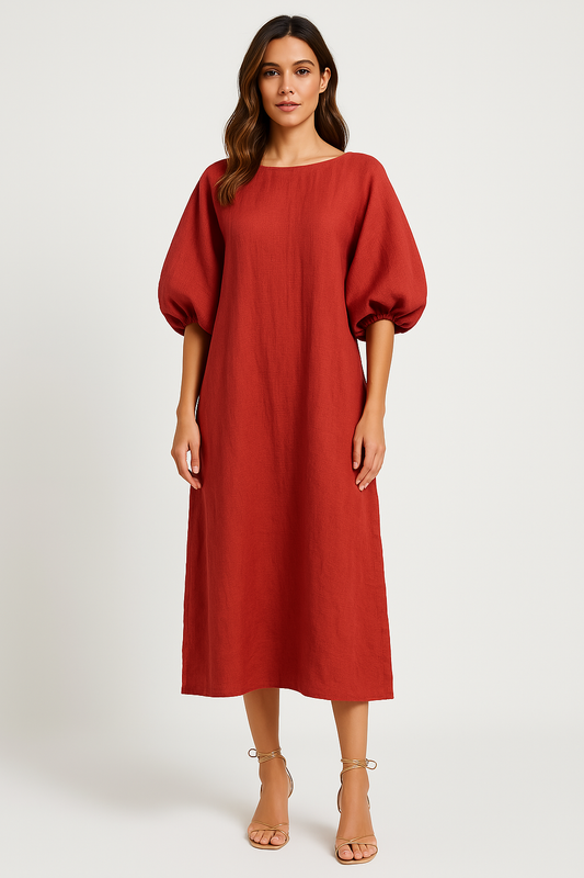 Puff Sleeve Lightweight Loose Fit Midi Dress