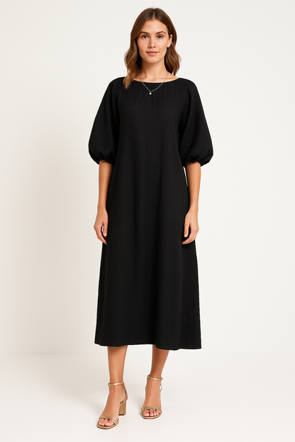 Women’s Midi Dress – Loose Fit – Puff Sleeve – Round Neck – Lightweight Casual Wear