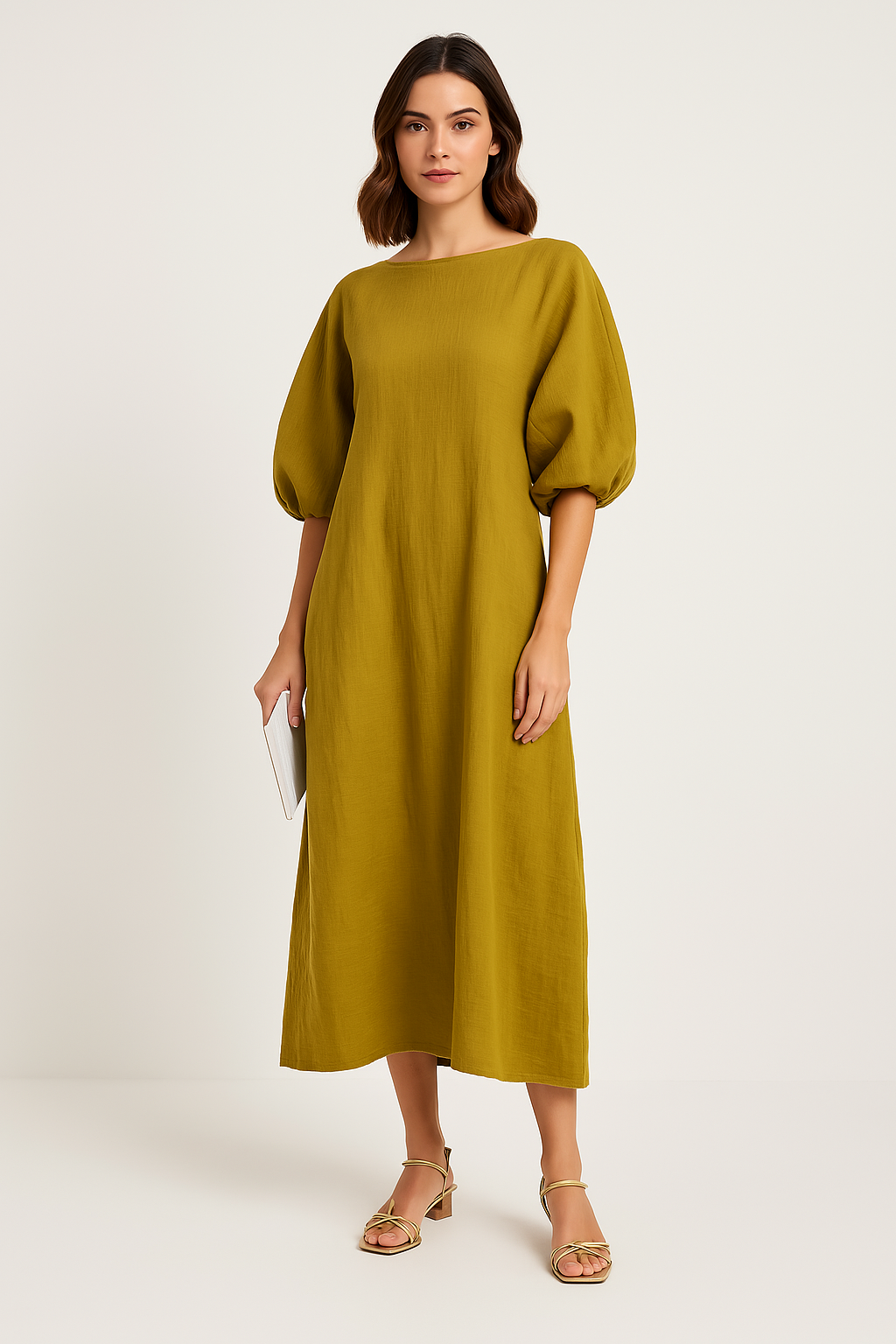 Women’s Midi Dress – Loose Fit – Puff Sleeve – Round Neck – Lightweight Casual Wear