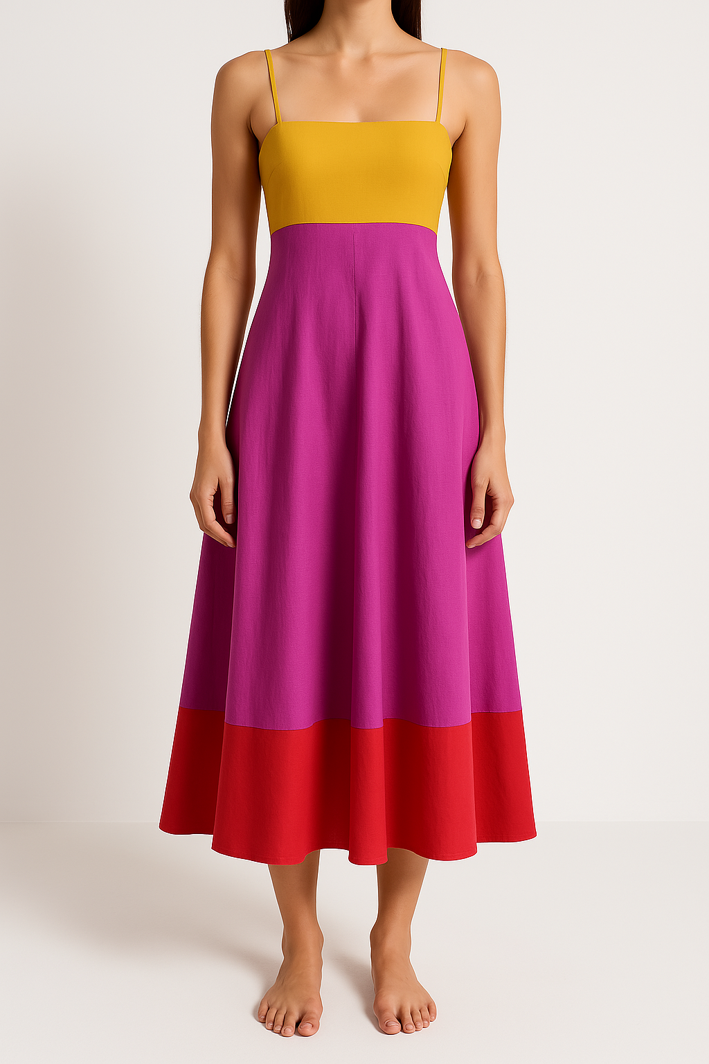 Women’s Sundress – Cotton Blend – A-Line Fit – Spaghetti Straps – Color Block Design