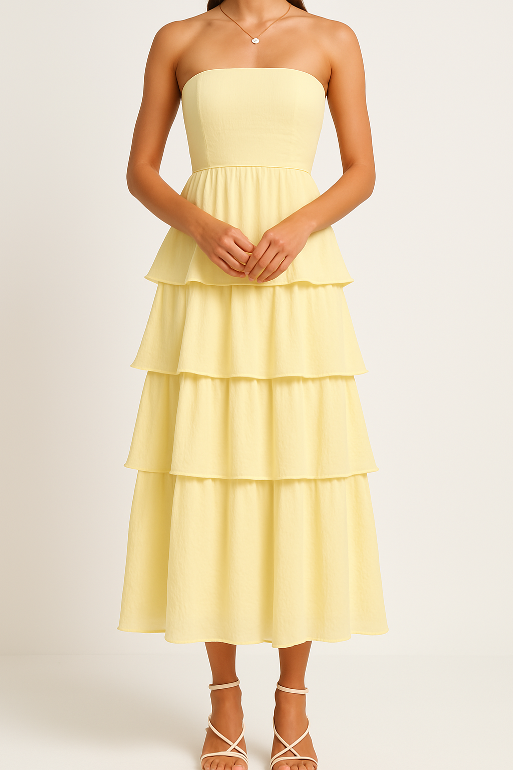 Women’s Strapless Midi Dress – Fitted Bodice – Tiered Ruffle Layers – Flared Silhouette