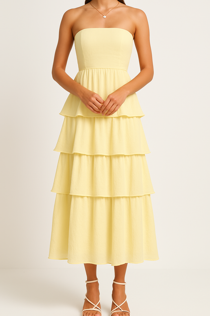 Women’s Strapless Midi Dress – Fitted Bodice – Tiered Ruffle Layers – Flared Silhouette