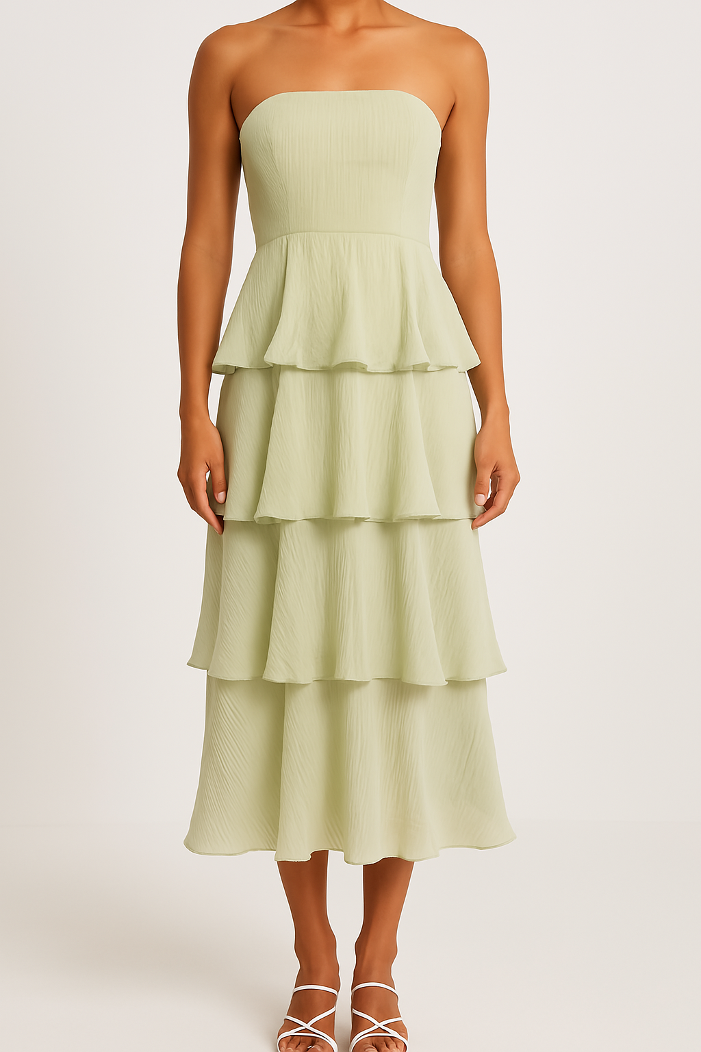 Tiered Ruffle Strapless Midi Dress