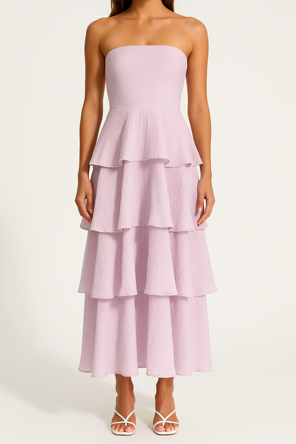 Women’s Strapless Midi Dress – Fitted Bodice – Tiered Ruffle Layers – Flared Silhouette