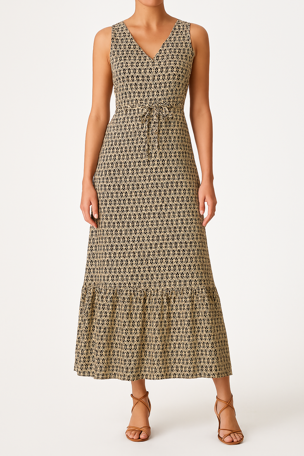 Women’s Midi Dress – Sleeveless V-Neck – Bohemian Print – Waist Tie Flowy Fit