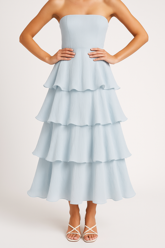 Tiered Ruffle Strapless Midi Dress