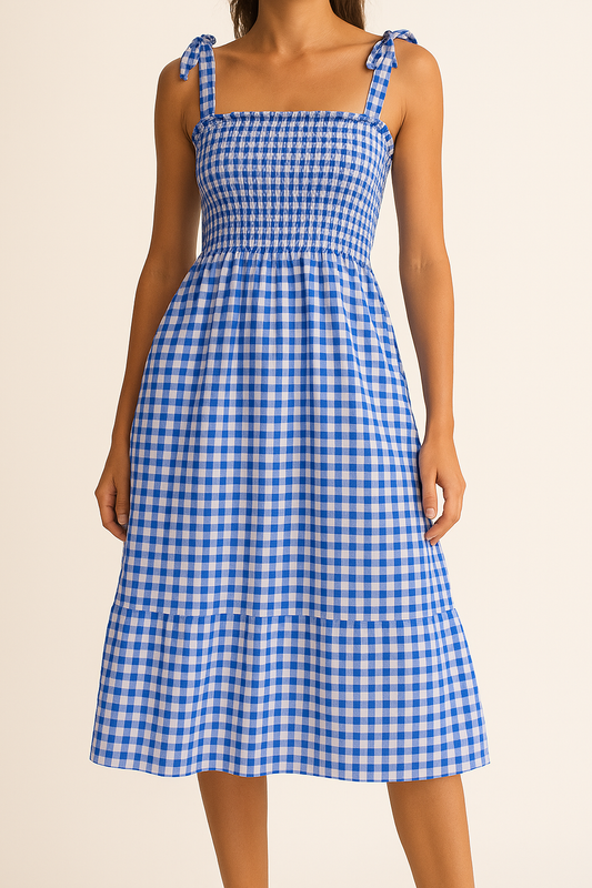 Smocked Bodice Checked Slim Fit Midi Sundress
