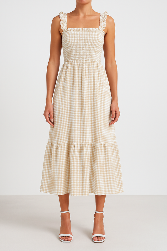 Checkered Smocked Bodice A-Line Maxi Dress