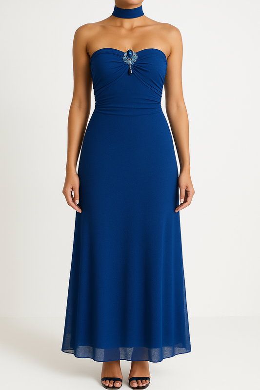 Women’s Evening Gown – Strapless Slim Fit – Mesh Overlay – Embellished Bodice – Full Length
