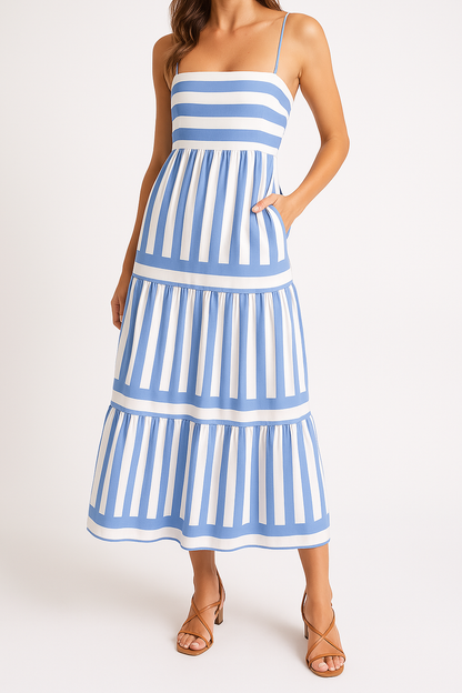 Women’s Sundress – Lightweight Cotton – A-Line Fit – Tiered Striped Full Length