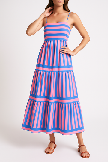 Women’s Sundress – Lightweight Cotton – A-Line Fit – Tiered Striped Full Length