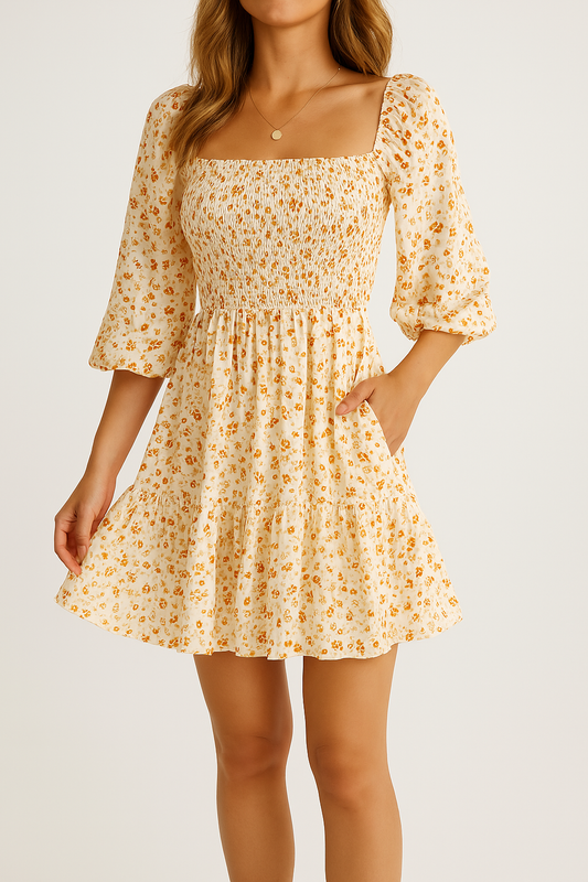 Smocked Puff Sleeve Floral Print A-Line Dress