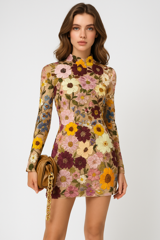Women's Embroidered Dress - Fitted Silhouette - Long Sleeve Elegant Party Wear