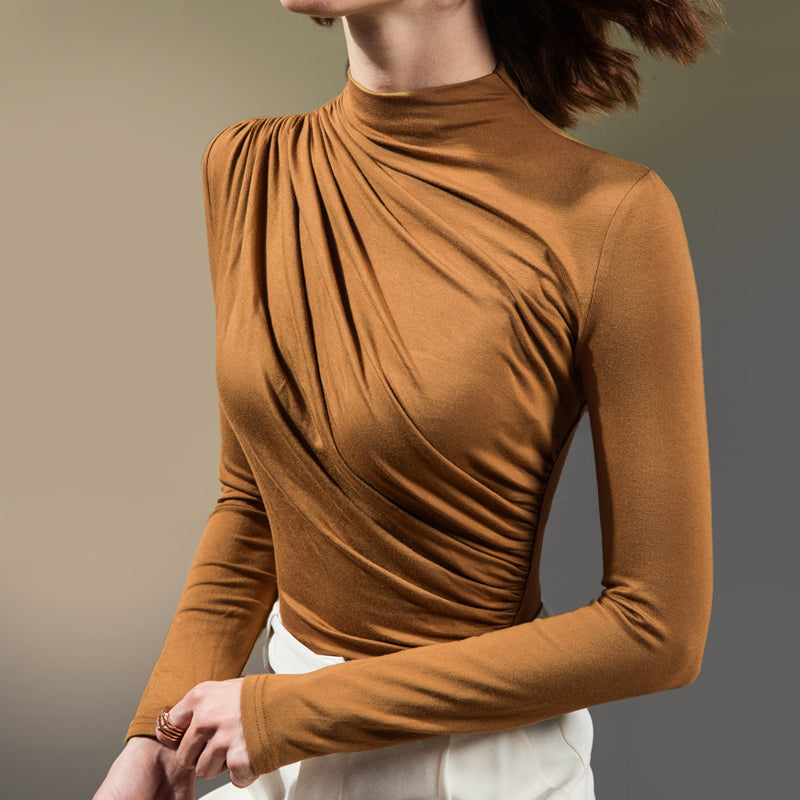 Women's long-sleeve pleated high-neck shirt