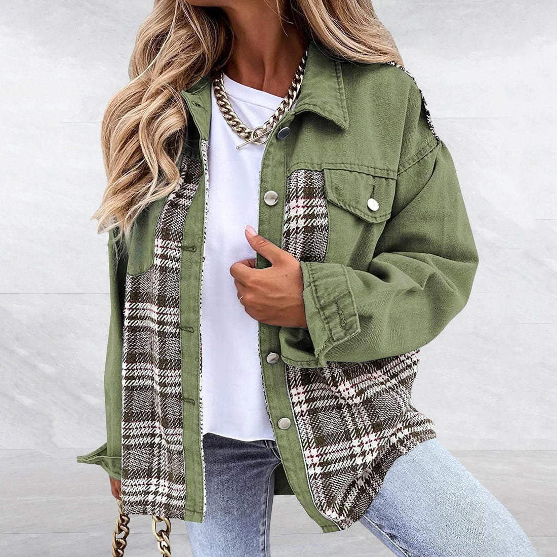 Women's denim plaid long sleeve button-down jacket for fall/winter