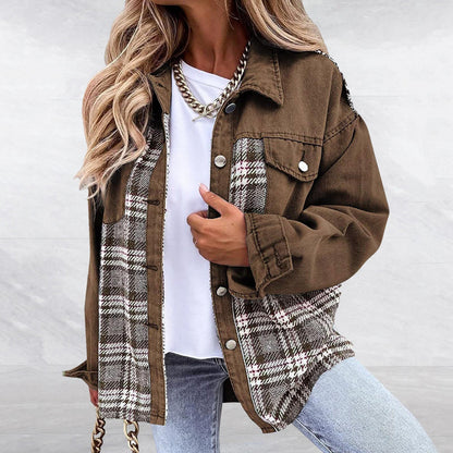 Women's denim plaid long sleeve button-down jacket for fall/winter