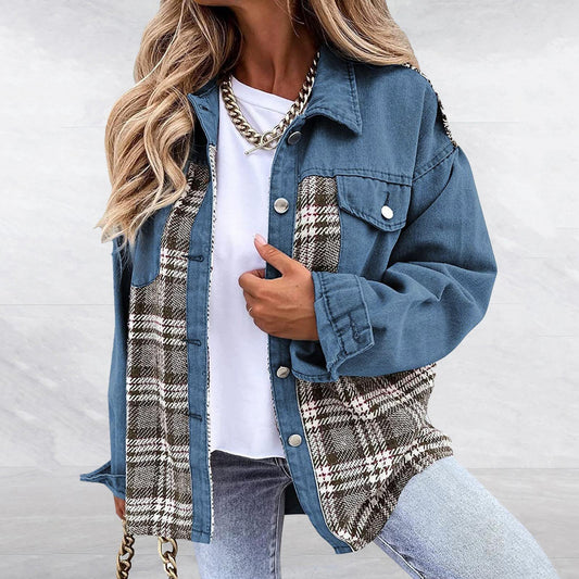 Denim Plaid Button-Down Long Sleeve Jacket