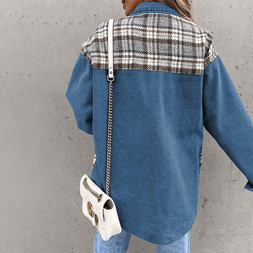 Women's denim plaid long sleeve button-down jacket for fall/winter