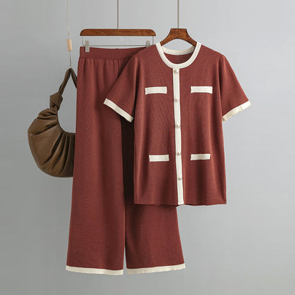 Women's round neck short sleeve top & high waisted wide leg knit trousers set