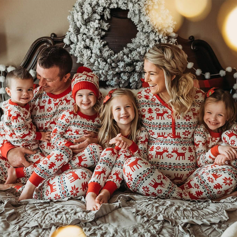 Red and white reindeer Christmas family onesies