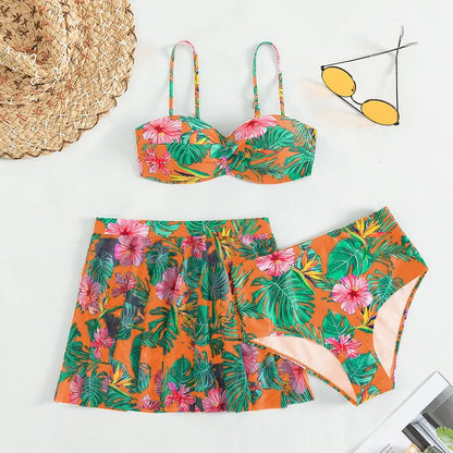Women's Two-Piece Outfit - Crop Top & A-Line Skirt - Tropical Floral Print