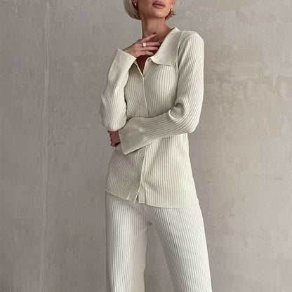 Women's button-down collar sweater and wide-leg two-piece knit set