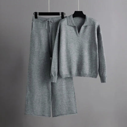 Women's loose knitted roll-neck sweater set with wide-leg pants