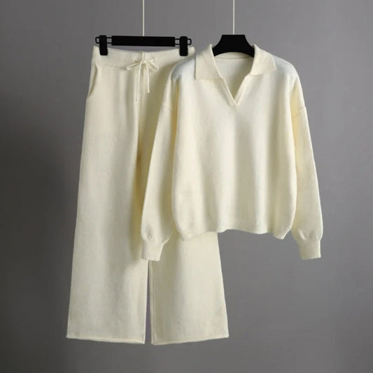 Loose Knit Roll-Neck Sweater and Wide-Leg Pants Set