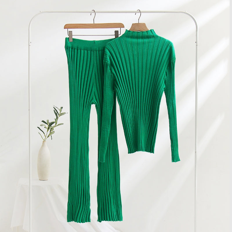 Women knitted bell bottom two-piece sweater set