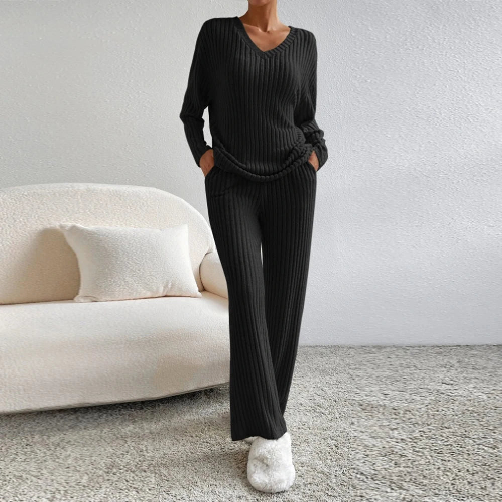 Carmi - casual ribbed v neck long sleeve shirts and wide leg pants sets